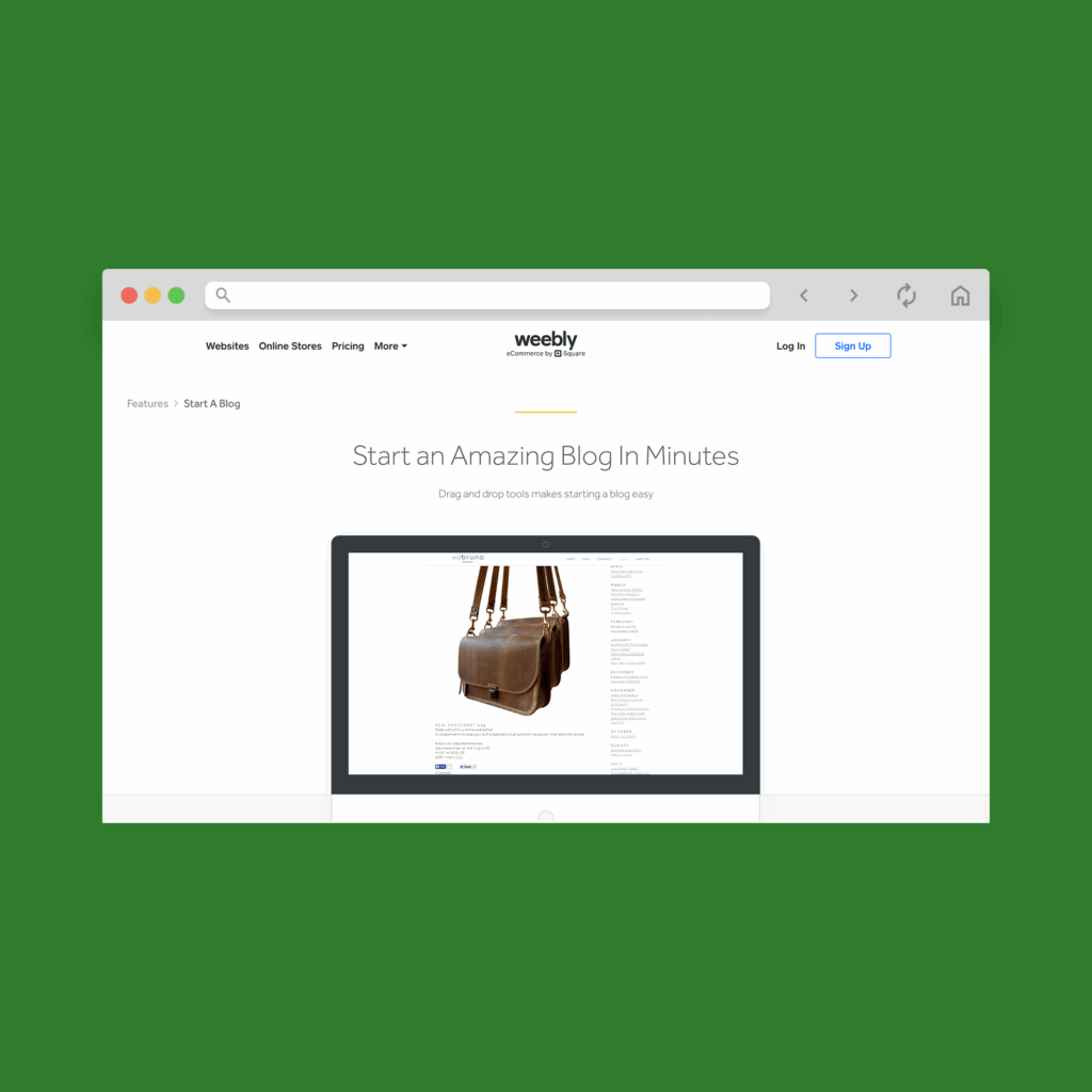 Weebly homepage hero section screenshot mockup.