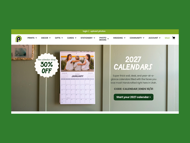 Persnickety Prints homepage promoting custom 2027 photo calendars.