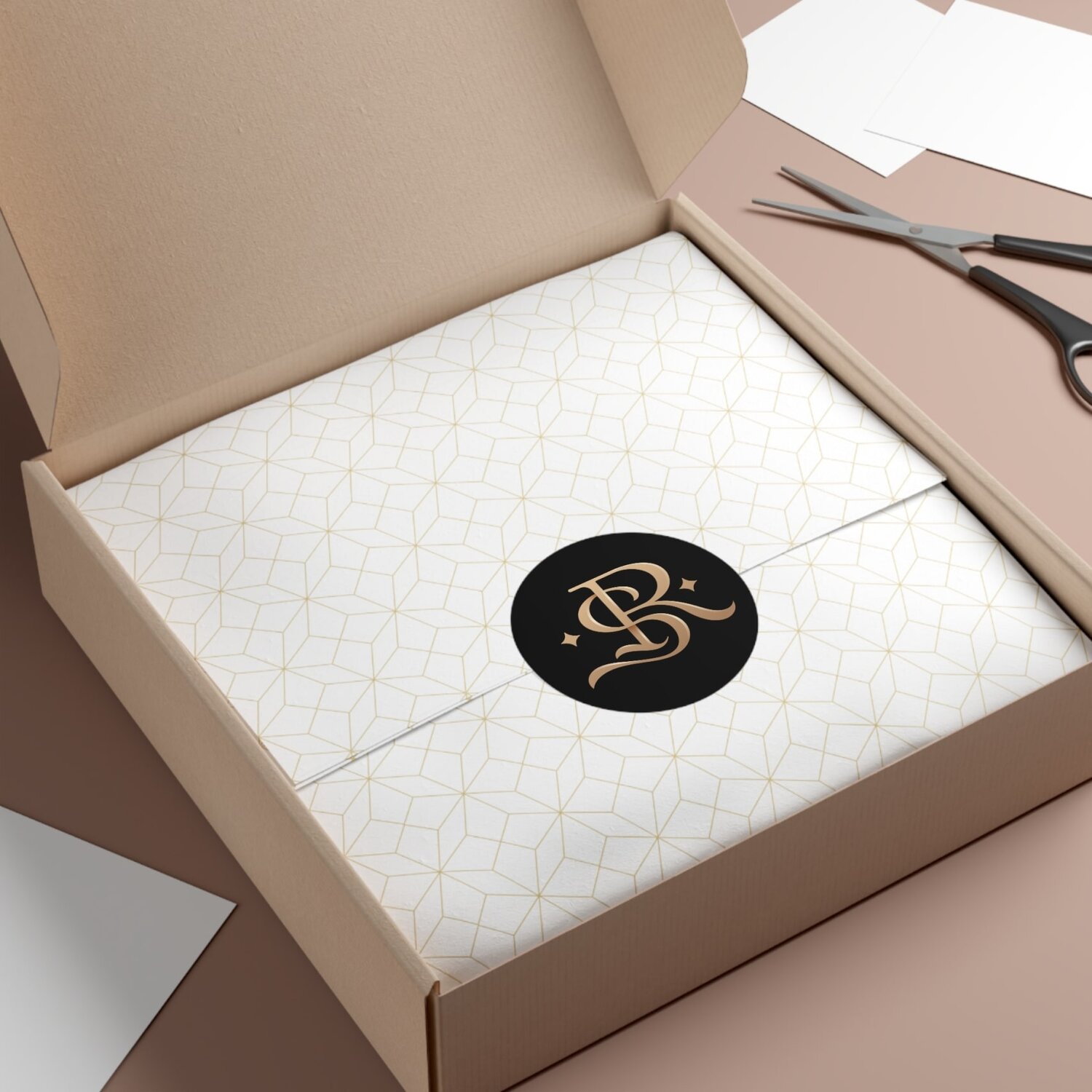 Custom dark-brown sticker with initials.