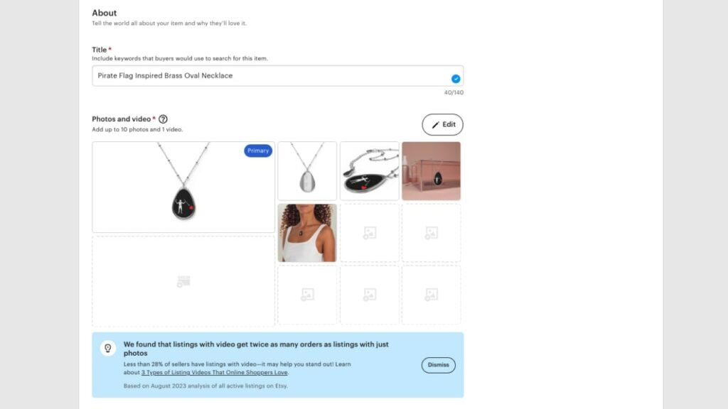 Example of a product title and images for an Etsy listing.