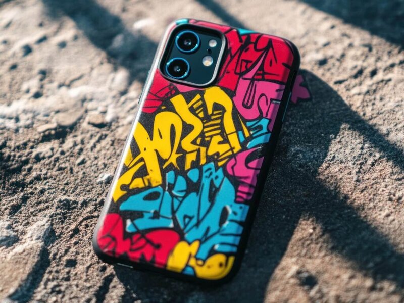 A phone with graffiti print phone case.