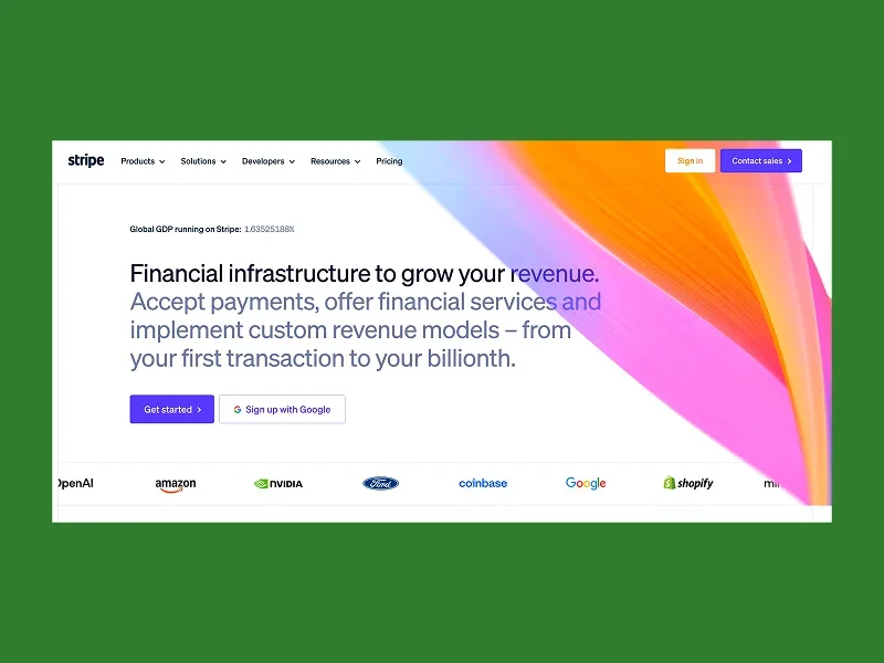 Stripe website homepage features a vibrant abstract design with orange and pink hues on the right.