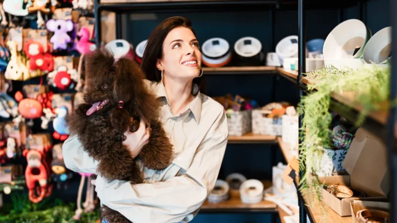 A woman holding a small dog while browsing in a pet store filled with various pet supplies.