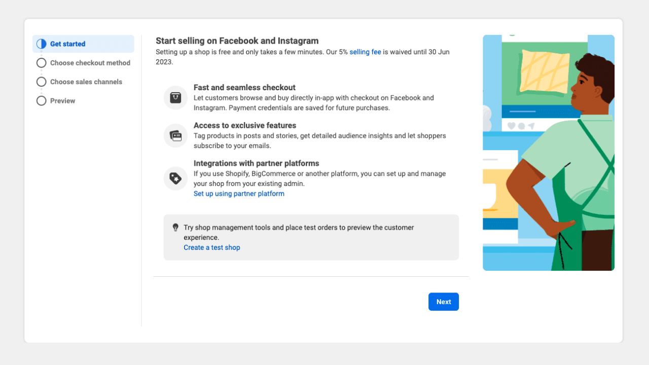 Facebook Shop Setup Page describing its main features – fast checkout, integrations, and other features.