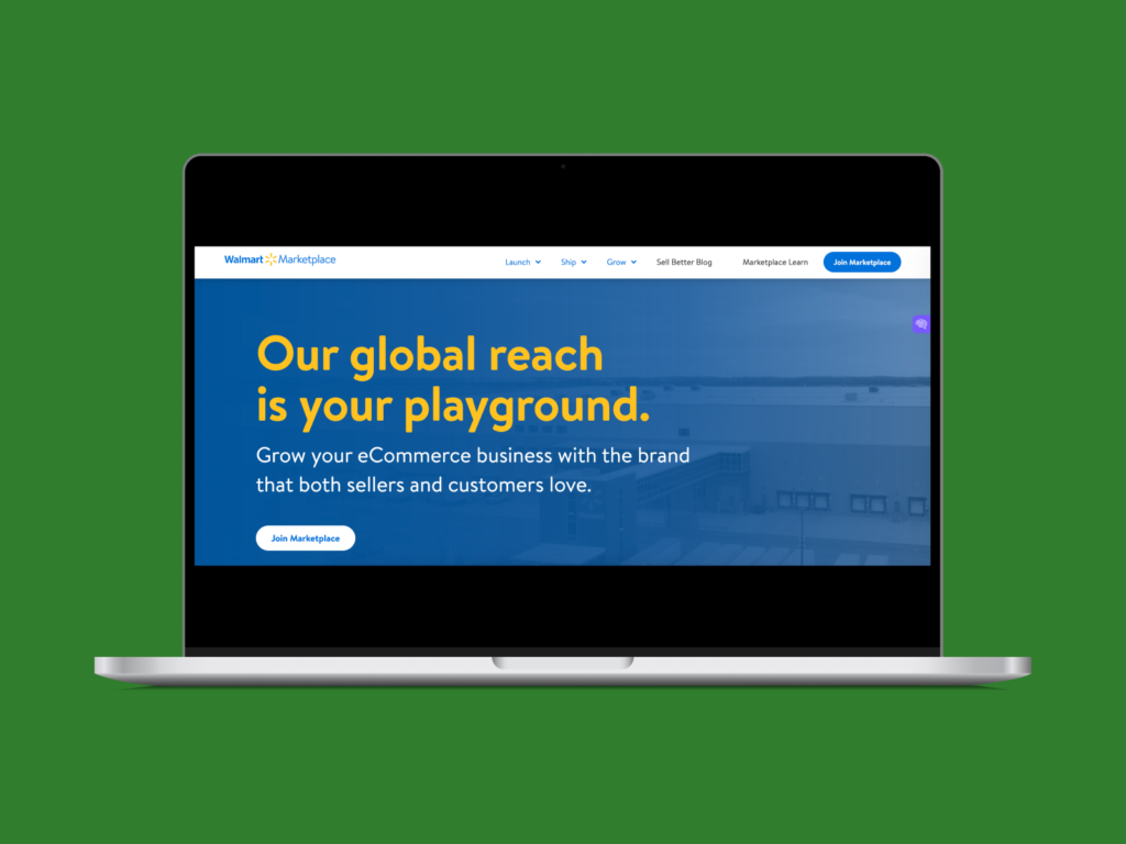 A laptop with a Walmart Marketplace landing page on.