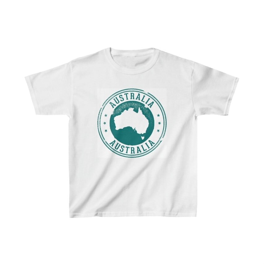 White t-shirt with a round green image of the Australian map and the words “Australia” written around it.