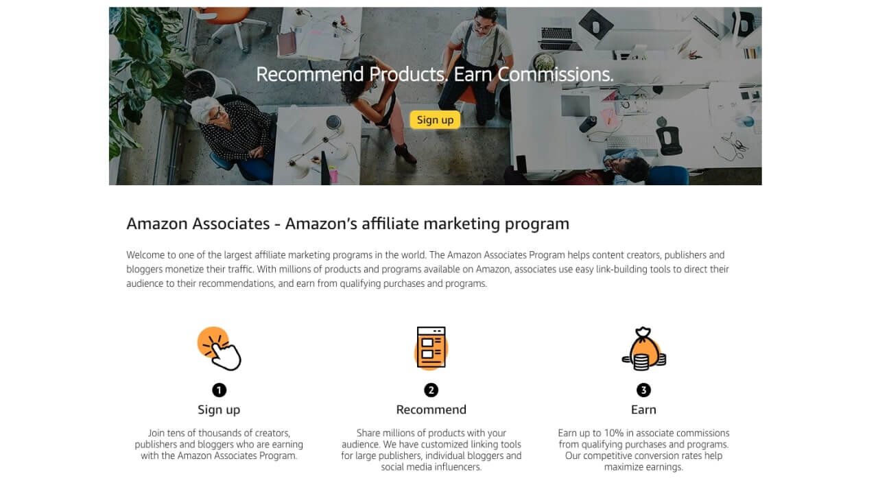 Amazon Associates – Amazon Affiliate Program's application steps – sign up, recommend, and earn.