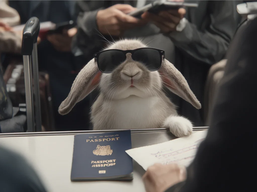 A rabbit wearing sunglasses holds a passport, ready for travel and adventure.