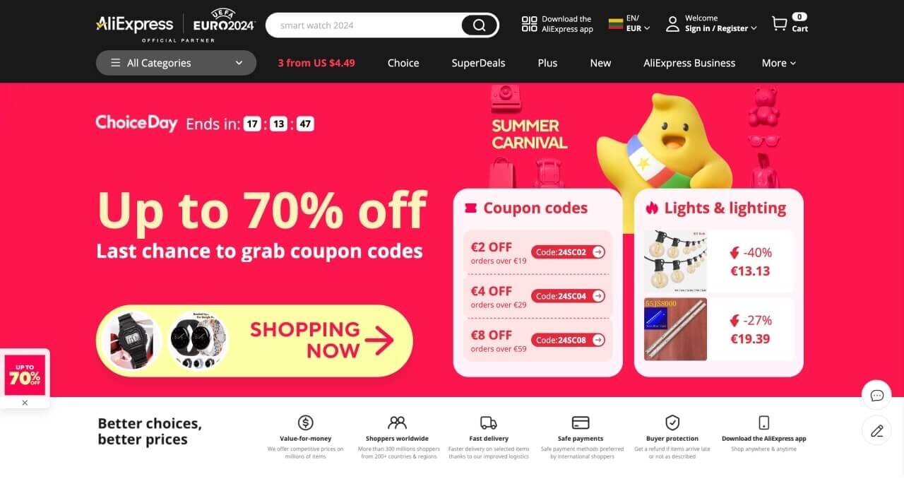 AliExpress homepage hero section screenshot.