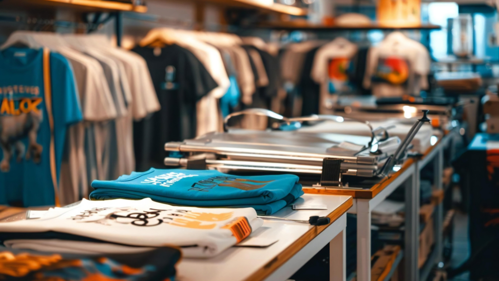 A retail store displaying a variety of printed t-shirts and clothing items on racks and shelves.