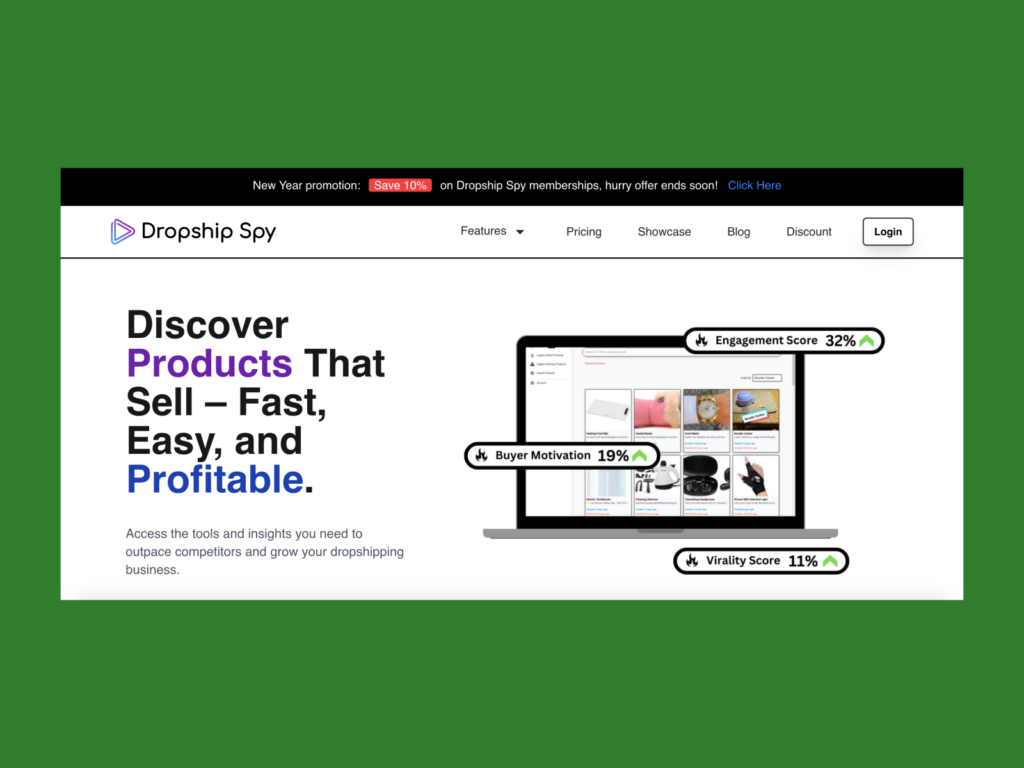 Screenshot of Dropship Spy homepage.
