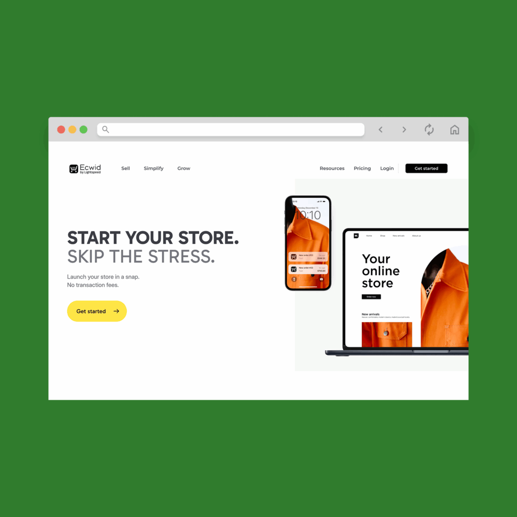 Ecwid homepage hero section screenshot mockup.