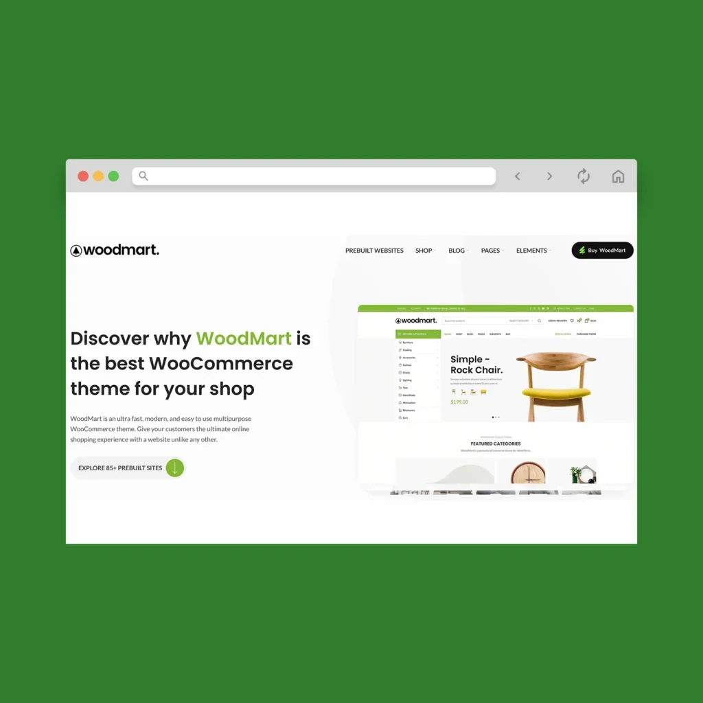 A screenshot mockup of the best WooCommerce theme example (paid): WoodMart