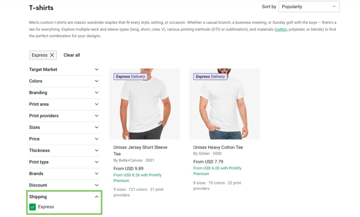 Printify's Catalog showing the t-shirt section with the “Express” filter applied under the shipping section.