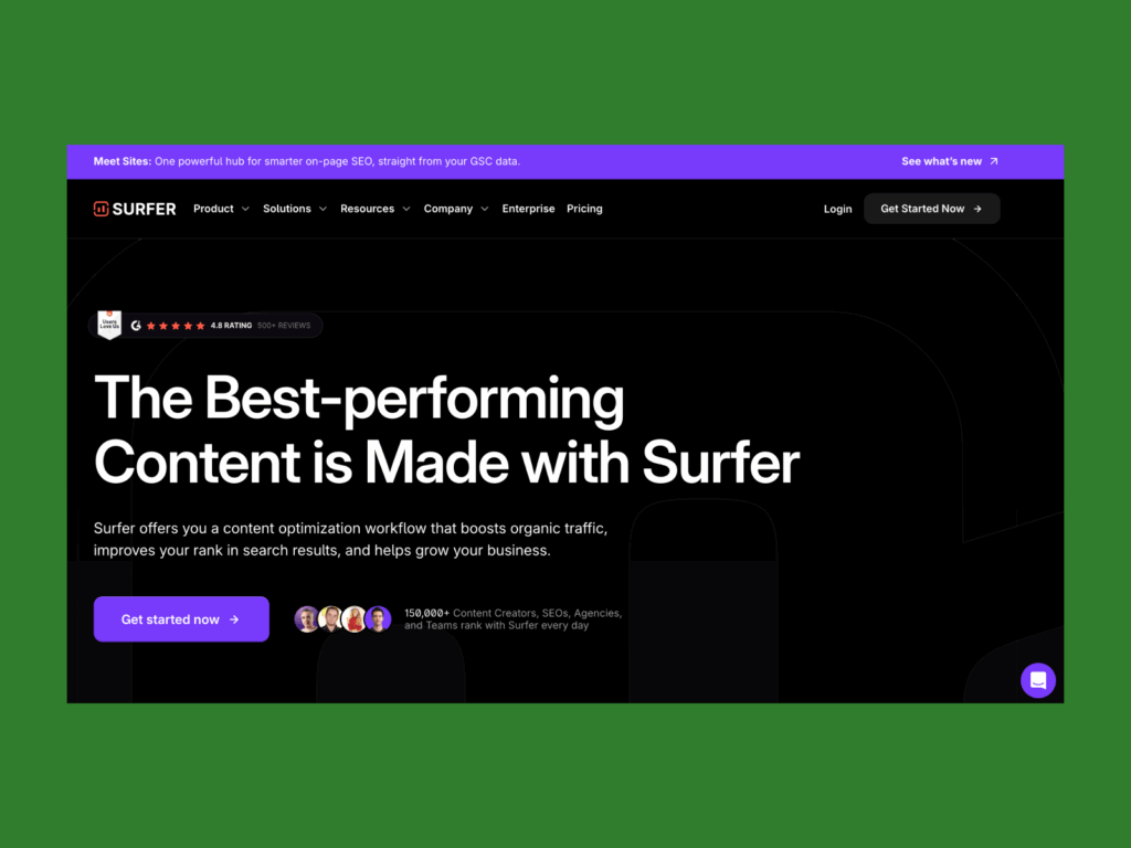 A screenshot of the landing page of the SurferSEO landing page.