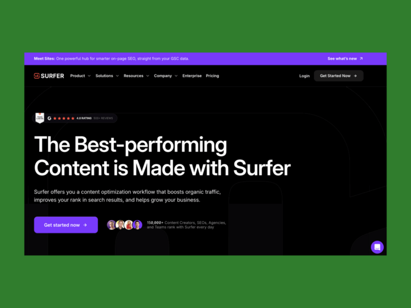 A screenshot of the landing page of the SurferSEO landing page.
