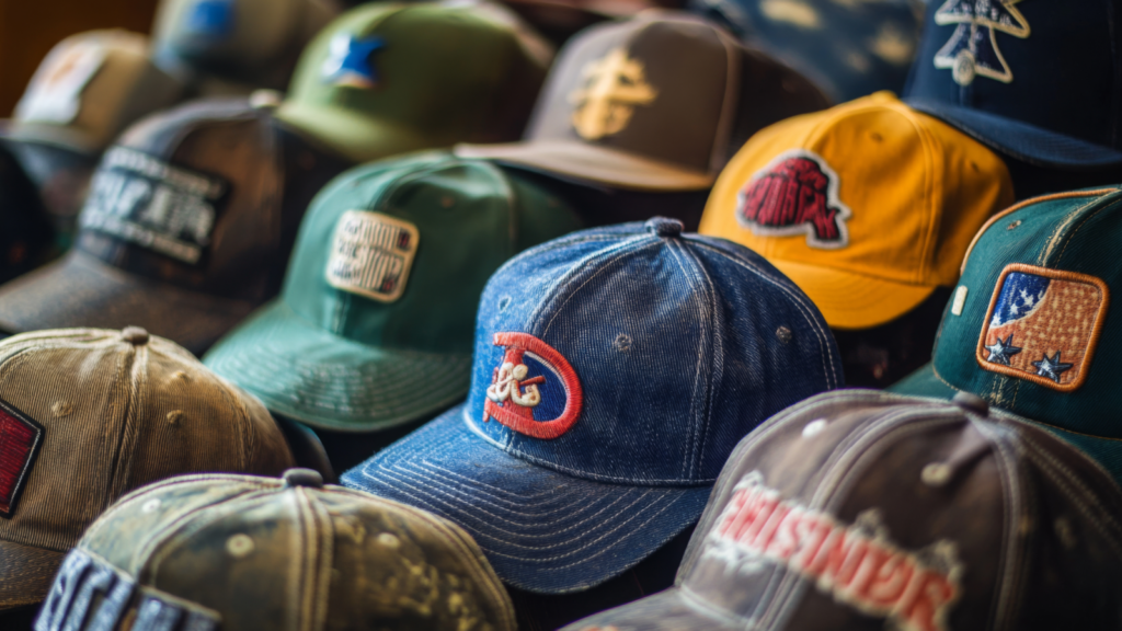 A stack of different embroidery hats on top of a counter.
