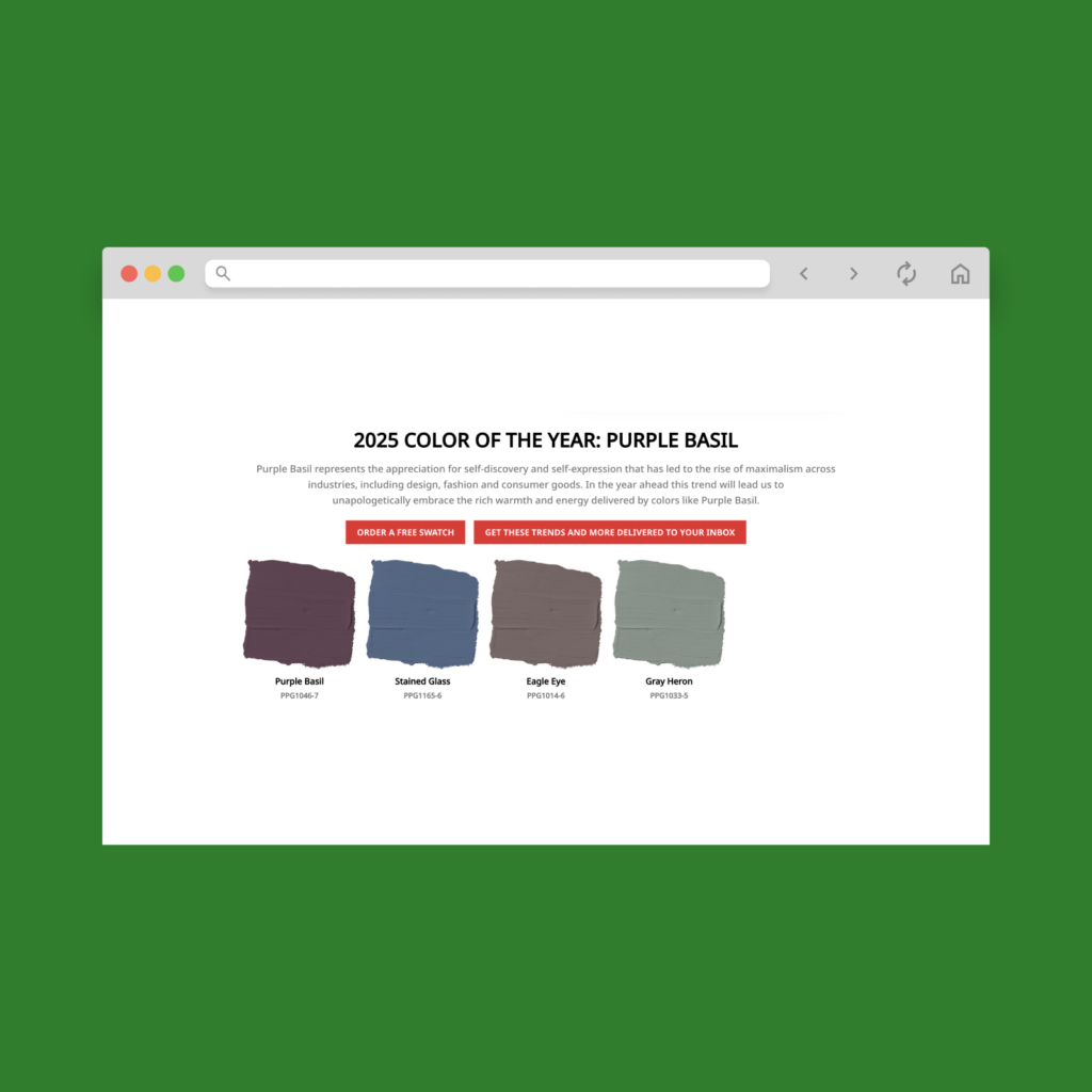 A screenshot of Glidden’s 2025 Color of the Year: Purple Basil, and additional colors for 2025.