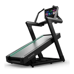 Aviron Summit treadmill product shot showing the inclined deck, LED strip and hiking handles