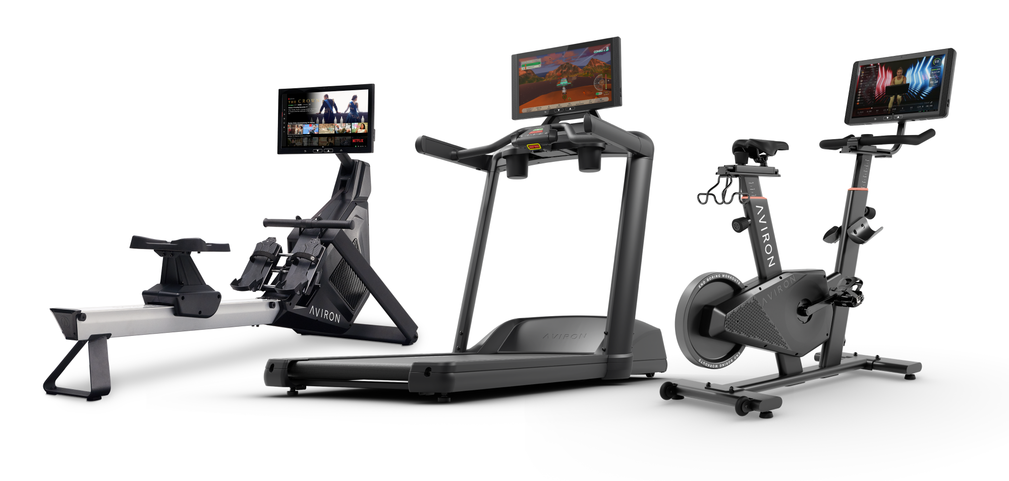 Aviron rower screen showing the Aviron World workout menu with games and classes