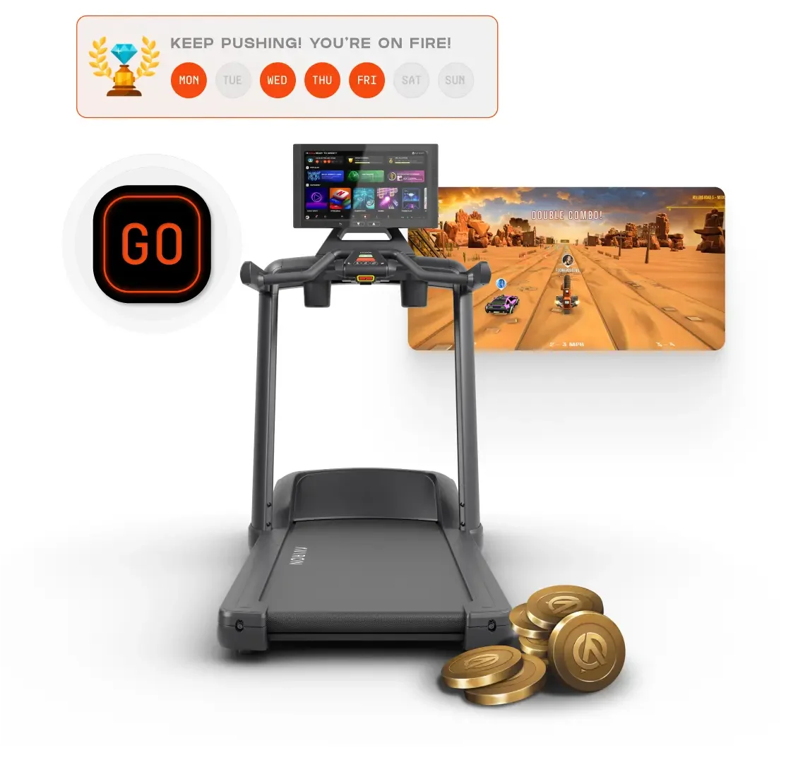Aviron Victory treadmill screen showing a game, workout streak tracker and reward coins