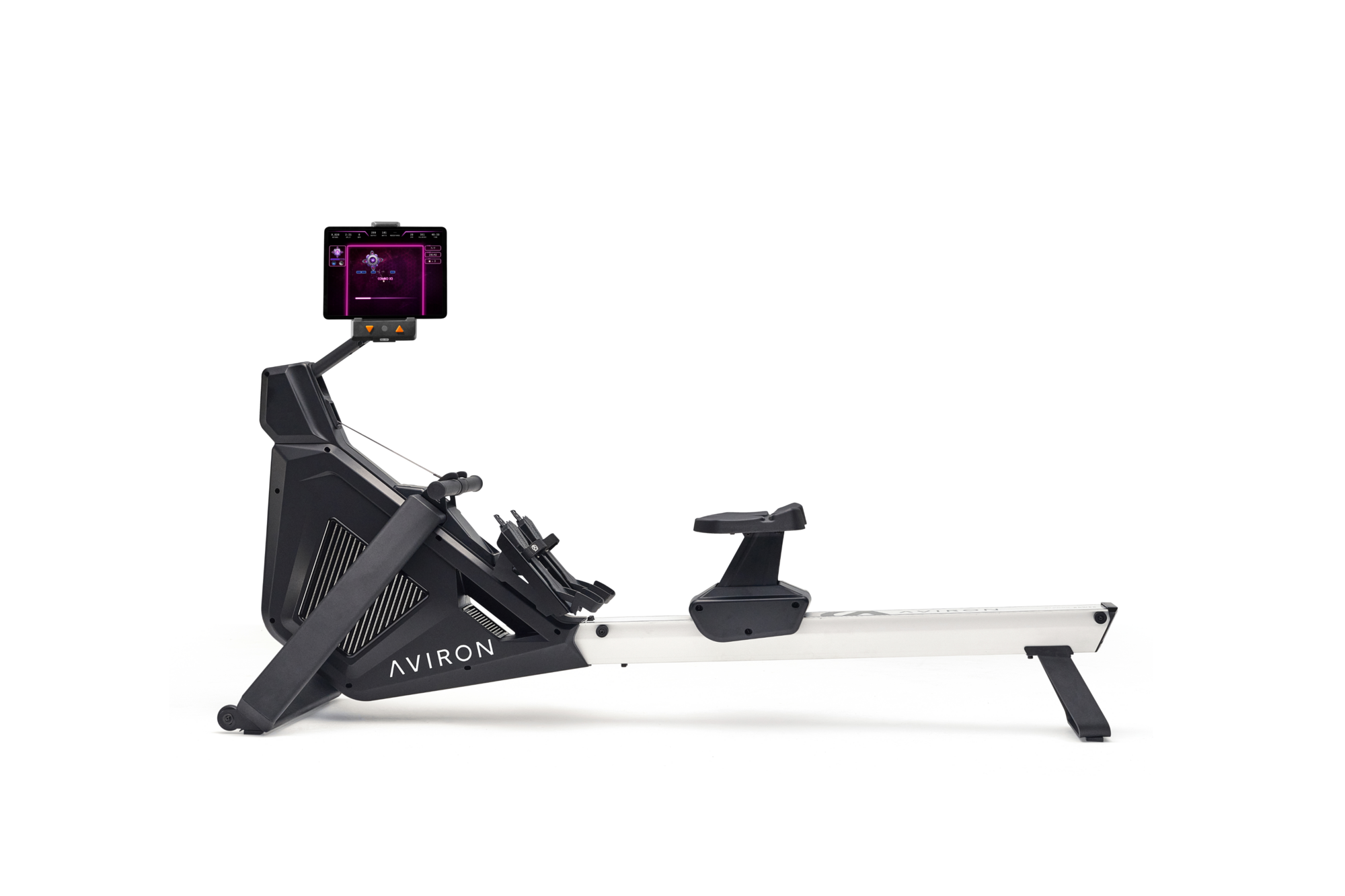 Aviron Strong Go rower on a white background, showing a compact connected rowing machine.