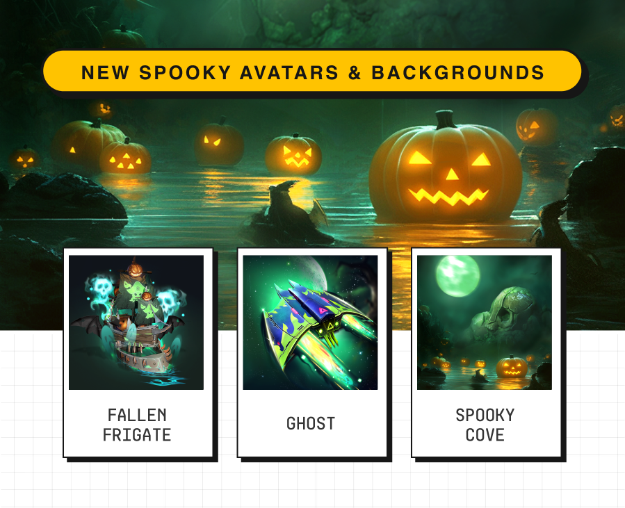New spooky avatars and background, including Fallen Frigate, Ghost and Spooky Cove