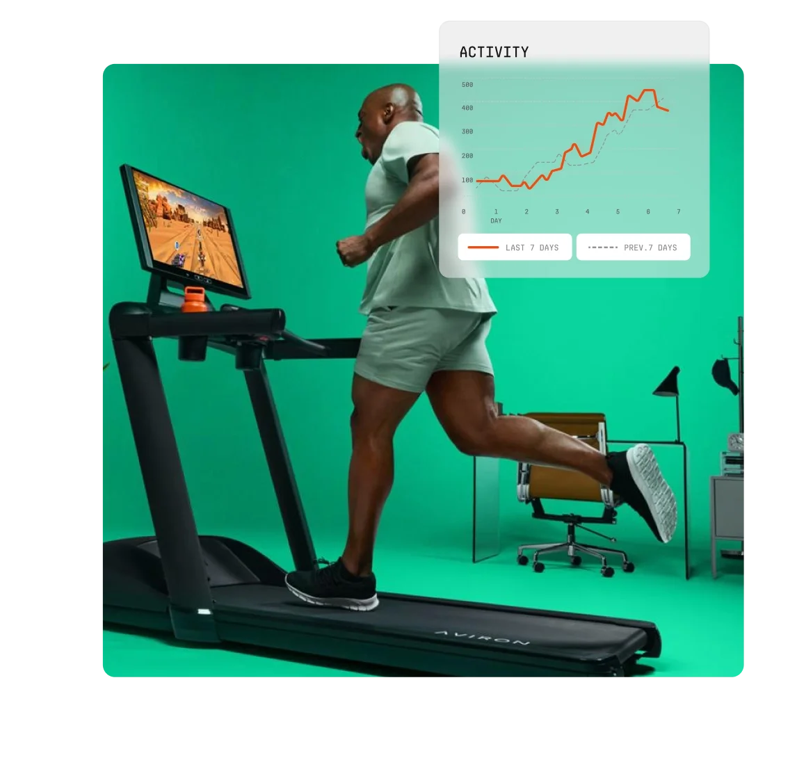 Man running on the Aviron Victory interactive treadmill with a 7-day activity chart