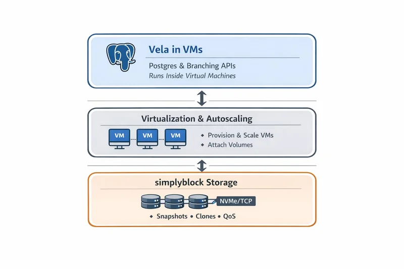 Three-layer architecture of Vela Storage - Vela in VMs, Virtualization & Autoscaling, simplyblock Storage