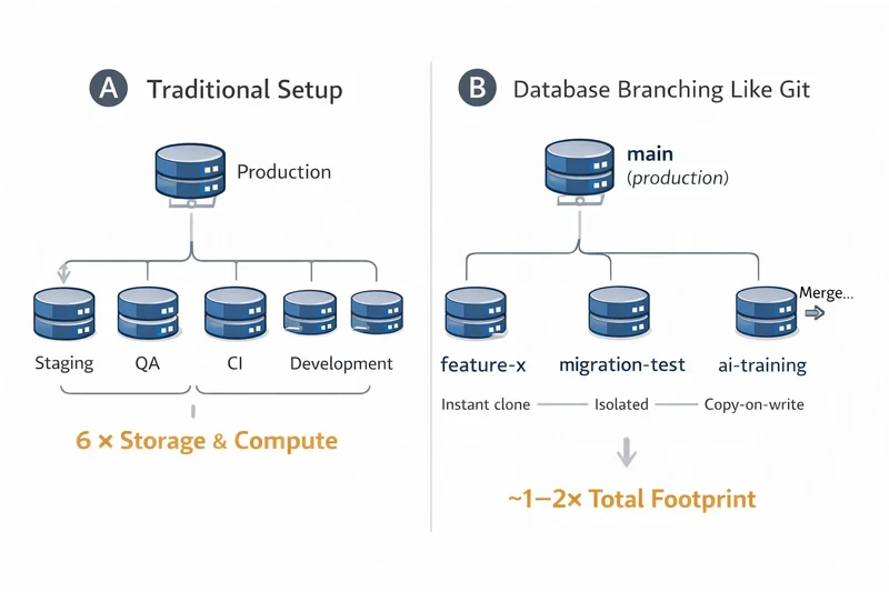 Traditional Setup vs Database Branching - comparison showing 6x storage overhead vs 1-2x footprint