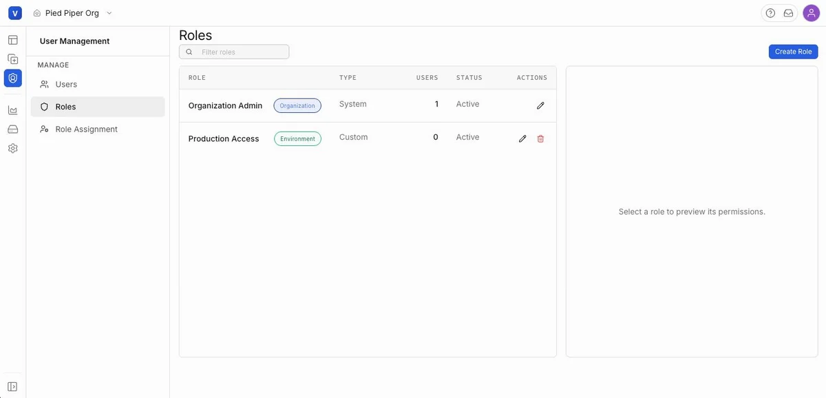 Vela admin console showing role management and hierarchical RBAC