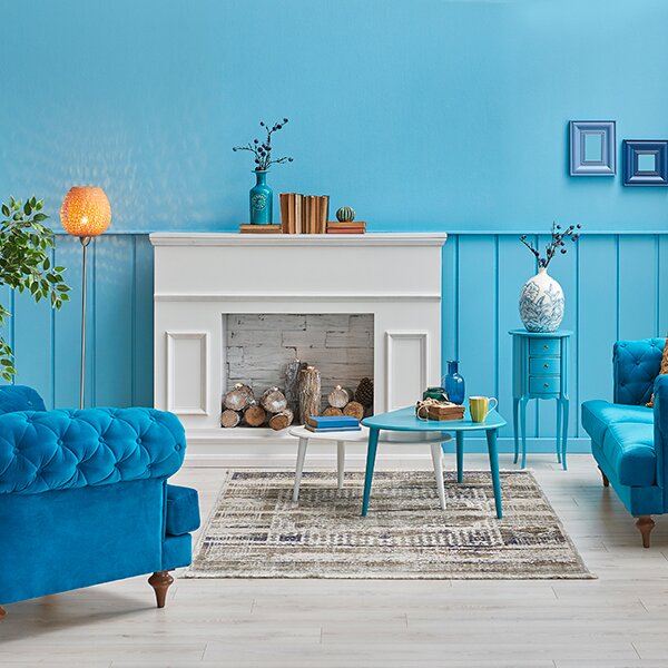 Blue Wall with Fireplace and decorations