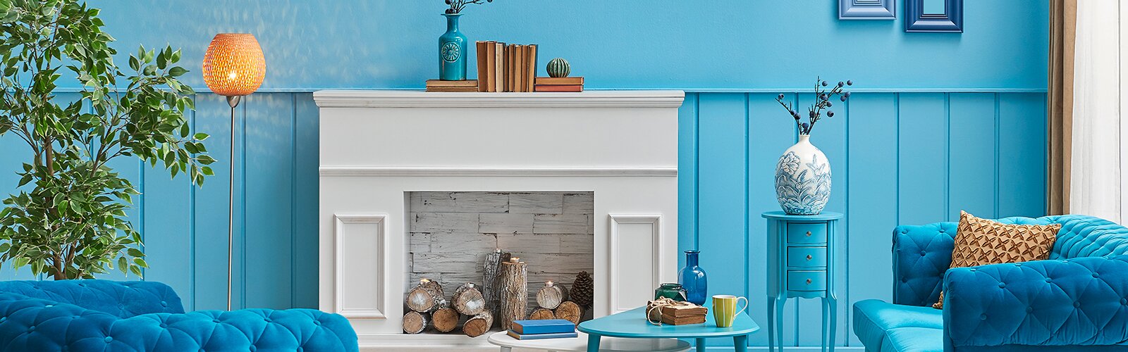 Blue decorative wall background with fireplace