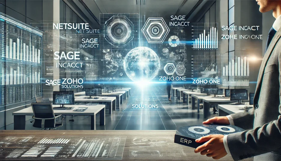 Futuristic business environment showcasing a comparison of ERP systems—NetSuite, Sage Intacct, and Zoho One—for Haya Solutions Inc NetSuite Partner Canada, Zoho One partner Canada. NetSuite Implementation Partner US, and Zoho Implementation Partner US. ERP Consulting firm Toronto. The image features holographic data charts, financial graphs, and an intuitive interface representing enterprise resource planning (ERP) solutions. The theme highlights innovation, efficiency, and business growth, with a blue and white corporate colour scheme.