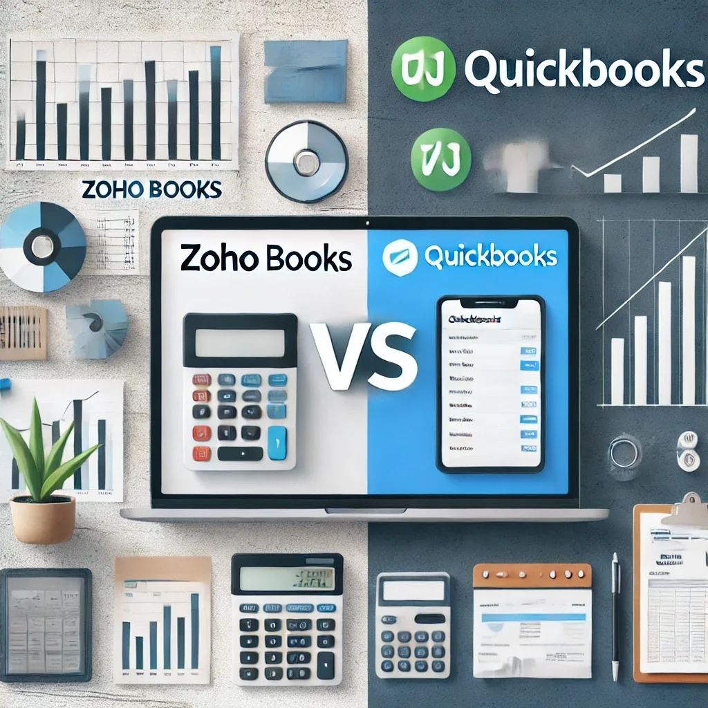 A professional blog header image comparing Zoho Books and QuickBooks. The image features a split-screen design with "Zoho Books" on the left and "QuickBooks" on the right, separated by a bold "VS" in the center. The background includes financial charts, calculators, a laptop, and accounting-related elements, emphasizing business finance. The colour scheme is neutral with blue and gray tones, creating a professional and clean look