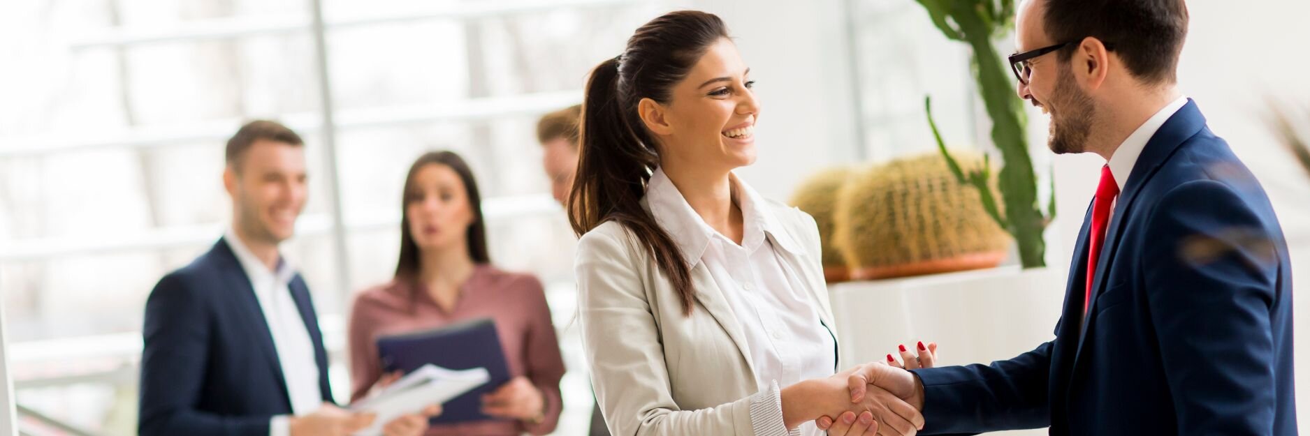 a consultant from a management consulting boutique firm is shaking hands with business owner