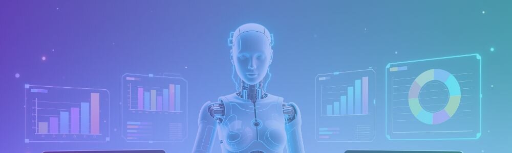 AI robot analyzing CRM dashboards with charts and analytics — representing Zoho CRM workflow automation using artificial intelligence.