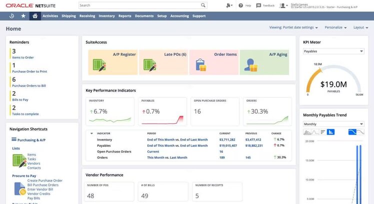 NetSuite dashboard showing real-time manufacturing KPIs and ERP analytics compared to Epicor