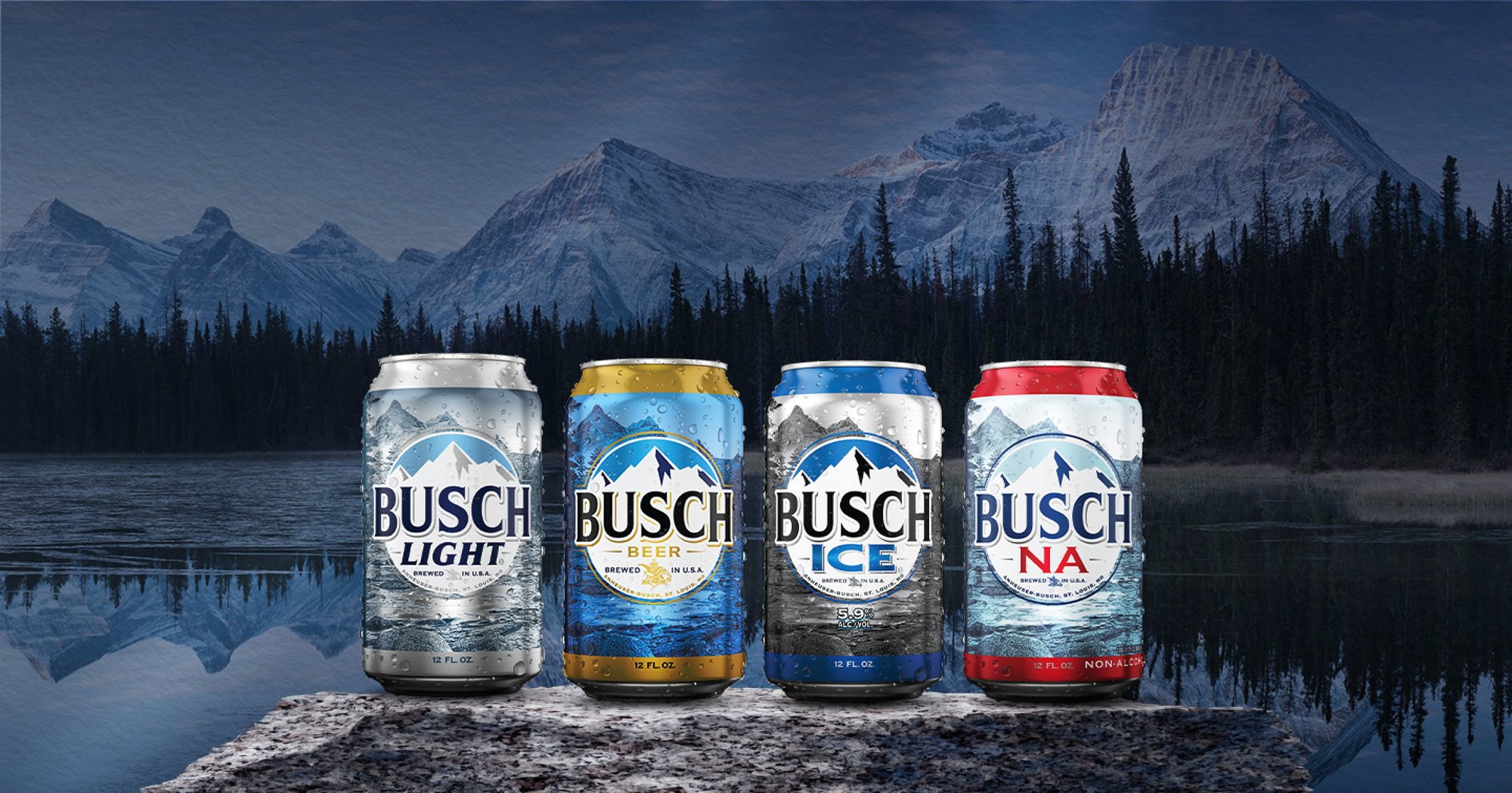 Ice cold Busch Light, Busch, Busch Ice, and Busch NA beer cans in front of mountains and trees.