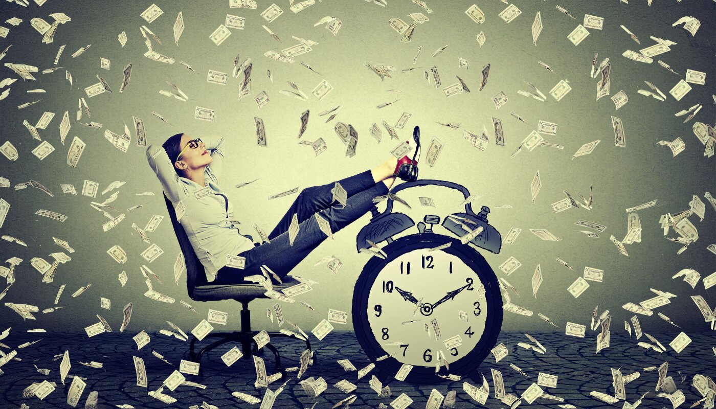 A woman sitting on an office chair with her feet on a giant clock, surrounded by a rain of dollar bills