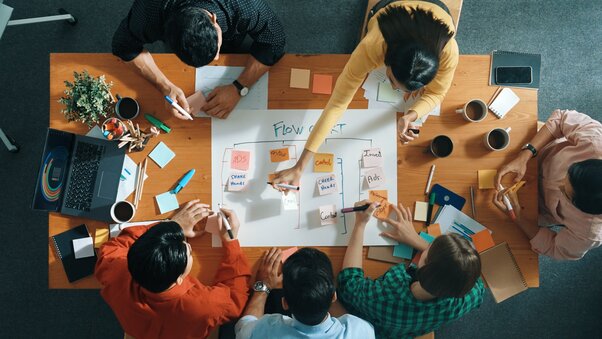 A team creates a flow chart together at a conference table