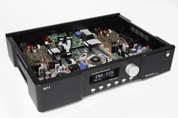 Bricasti M11 Series II DAC with the top panel removed, exposing the internal circuitry 