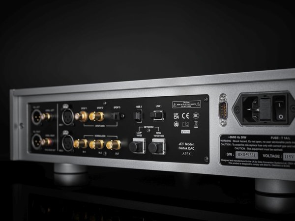 Bartok APEX DAC Amplifier back panel by dCS on a black background