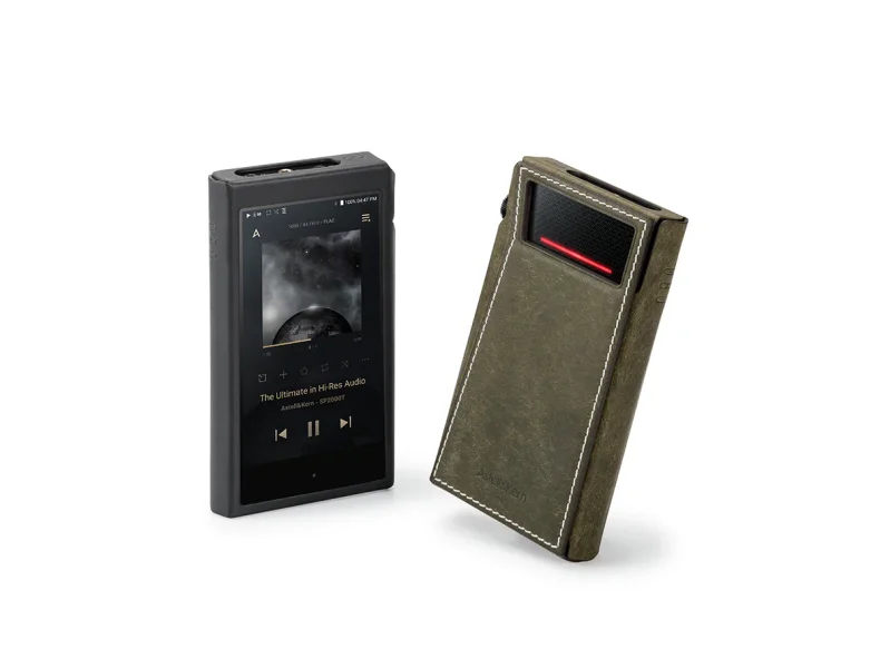 black SP2000T Leather Case standing up and green case at an angle from the back