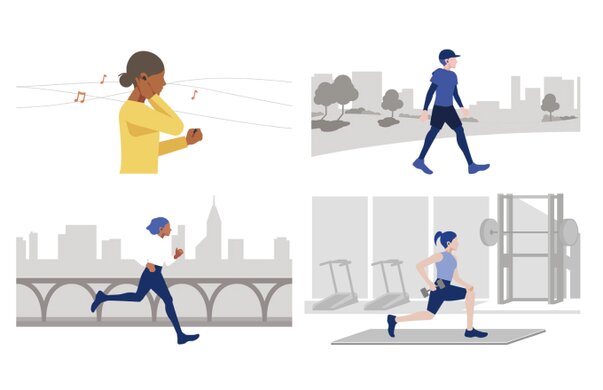 various graphics of people doing activities outside like running, walking, working out and listening to music