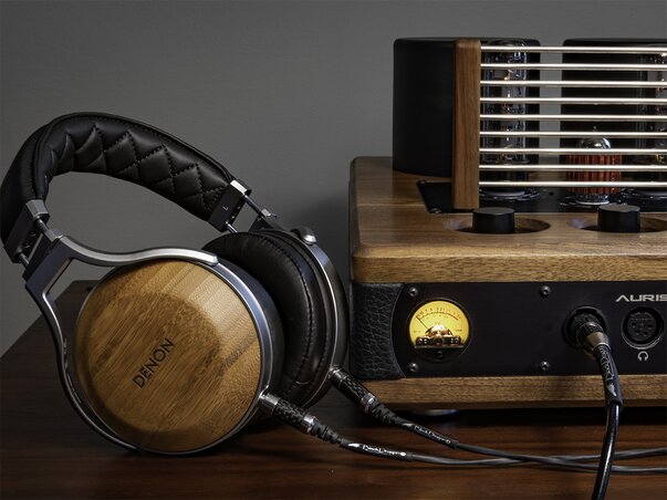 Denon AH-D9200 Headphones connected to an auris headphone amplifier with a dragon audio cable