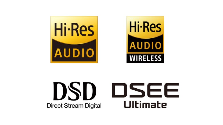 badges for hi-res audio, hi-res audio wireless, dsd, dsee ultimate