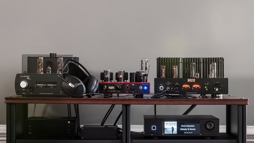 Auris Nirvana IV, Dragon Inspire IHA-1, Cayin HA-6A, tube amplifiers paired with the Meze Audio Empyrean II Headphones and the Aurender A200 Music Streamer on a shelf setup