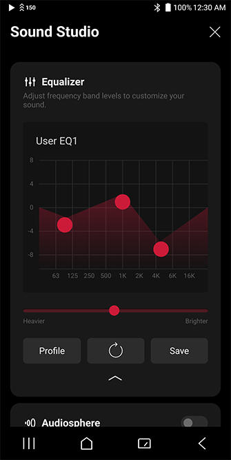 Audiodo Equalizer on the device for control of bass, mid, and treble.