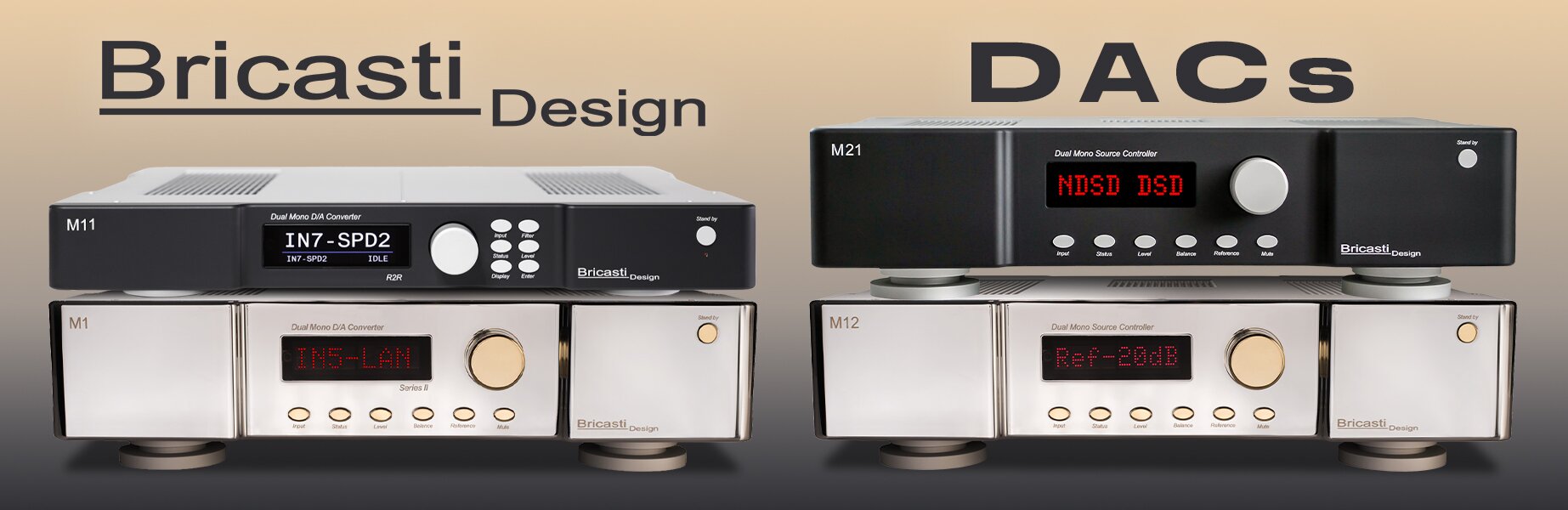 Four Bricasti design DACs stacked on top of each other
